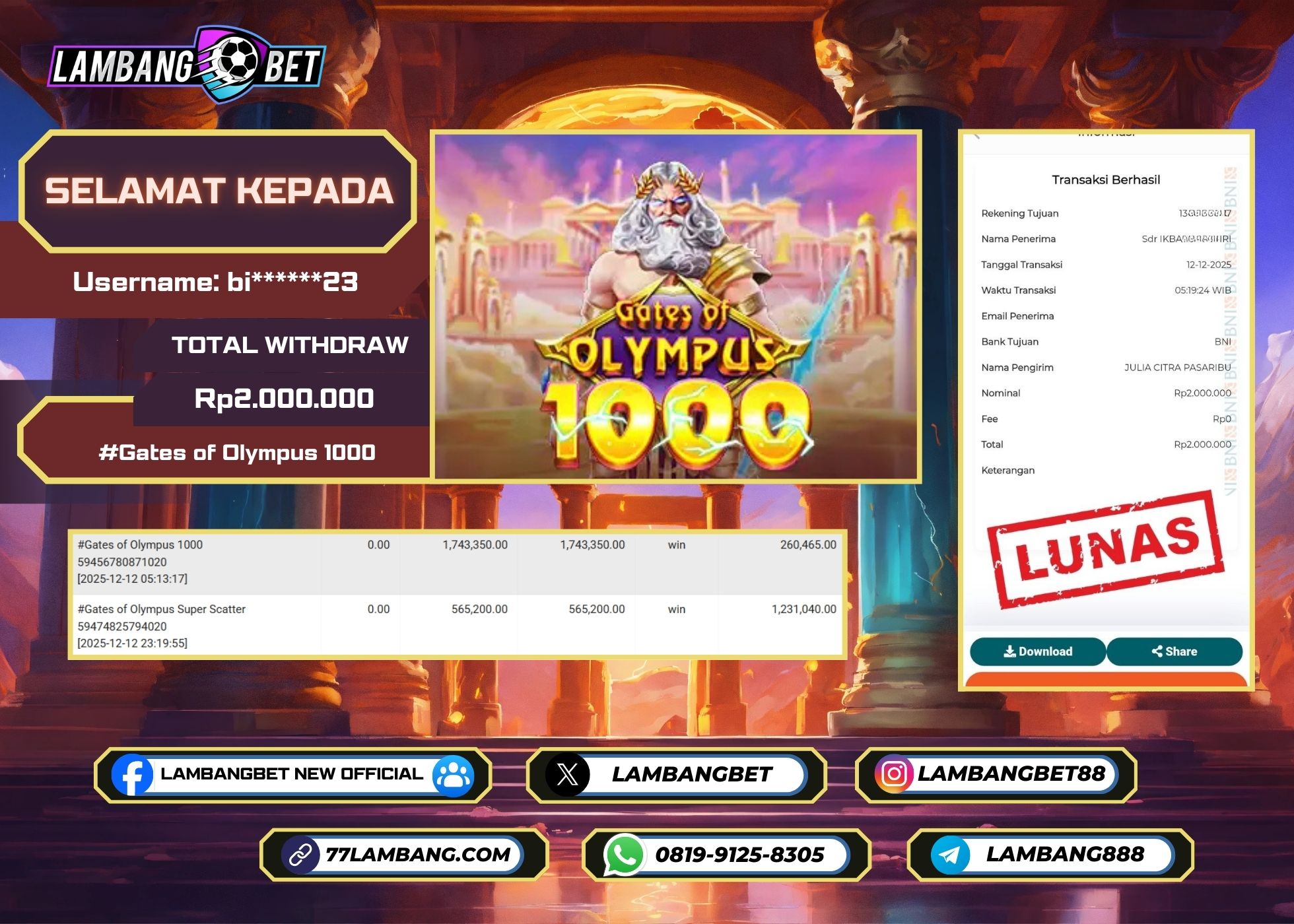 LAMBANGBET [12 DESEMBER 2025] JACKPOT SLOT Gates of Olympus 1000 "Rp2.000.000" LUNAS